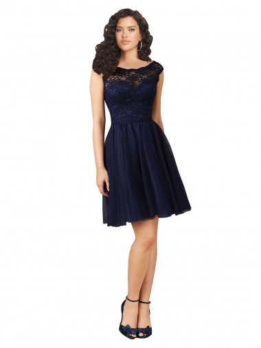 Bateau Neck Knee Length Tulle & Lace Dark Navy Sleeveless Bridesmaid Dress Darwin