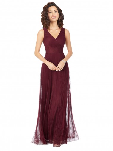 V-Neck Long Tulle Burgundy Gold Sleeveless Bridesmaid Dress Darwin