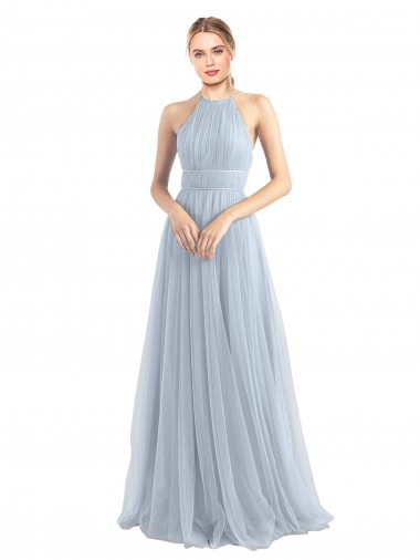 Halter Neck Long Tulle Light Sky Blue Sleeveless Bridesmaid Dress Darwin