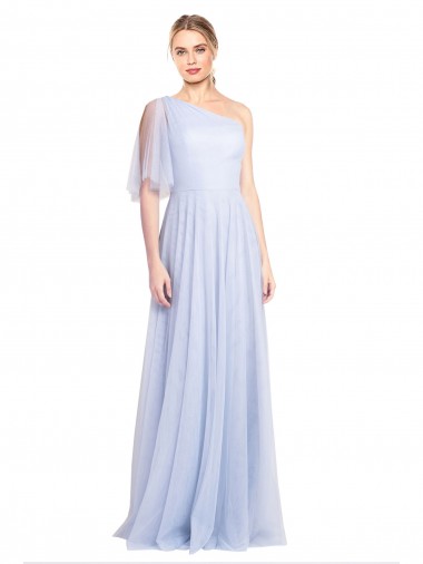 One Shoulder Long Tulle Light Sky Blue Flutter Sleeves Bridesmaid Dress Darwin