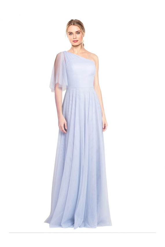 One Shoulder Long Tulle Light Sky Blue Flutter Sleeves Bridesmaid Dress Darwin