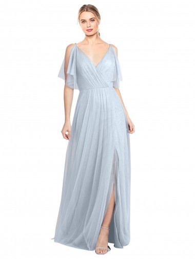 V-Neck Long Tulle Light Sky Blue Flutter Sleeves Bridesmaid Dress / Evening Dress Darwin