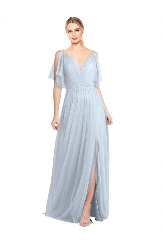 V-Neck Long Tulle Light Sky Blue Flutter Sleeves Bridesmaid Dress / Evening Dress Darwin