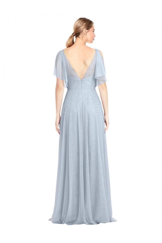 V-Neck Long Tulle Light Sky Blue Flutter Sleeves Bridesmaid Dress / Evening Dress Darwin