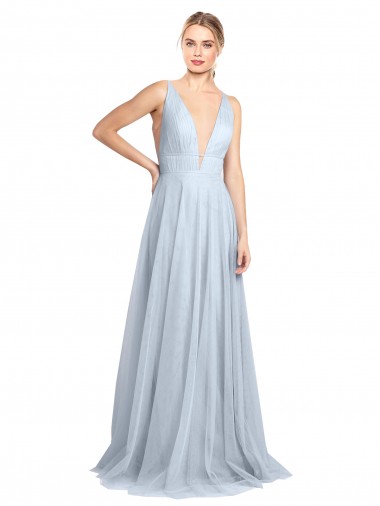 V-Neck Long Floor Length Tulle Light Sky Blue Sleeveless Bridesmaid Dress Darwin