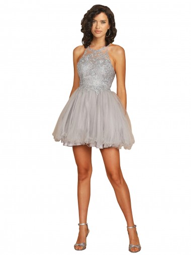 Halter Neck Short Tulle Silver Sleeveless Bridesmaid Dress Darwin