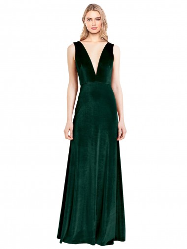 V-Neck Long Stretch Velvet Dark Green Sleeveless Bridesmaid Dress / Formal Dress Darwin