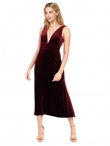 V-Neck Midi Length Stretch Velvet Burgundy Sleeveless Prom Dress / Bridesmaid Dress Darwin