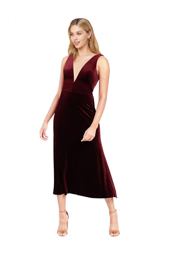 V-Neck Midi Length Stretch Velvet Burgundy Sleeveless Prom Dress / Bridesmaid Dress Darwin