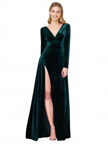 V-Neck Sweep Train Stretch Velvet Dark Green Long Sleeves Black Tie Evening Gown / Prom Dress / Bridesmaid Dress Darwin