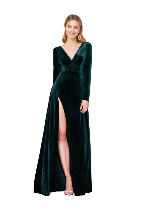 V-Neck Sweep Train Stretch Velvet Dark Green Long Sleeves Black Tie Evening Gown / Prom Dress / Bridesmaid Dress Darwin