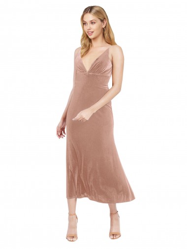 V-Neck Midi Length Stretch Velvet Pink Sleeveless Prom Dress / Bridesmaid Dress Darwin