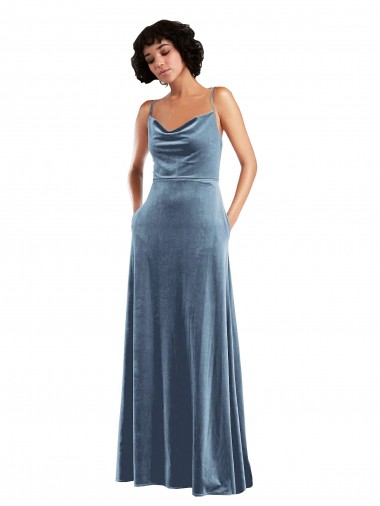 Cowl Neck Long Stretch Velvet Dusty Blue Sleeveless Semi Formal Evening Dress / Prom Dress / Bridesmaid Dress Darwin