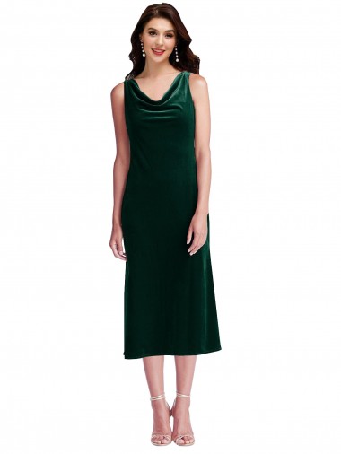 Cowl Neck Midi Length Stretch Velvet Dark Green Sleeveless Evening Gown / Prom Dress / Bridesmaid Dress Darwin