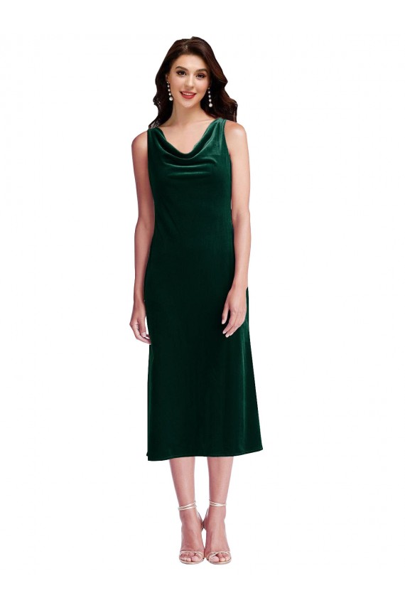 Cowl Neck Midi Length Stretch Velvet Dark Green Sleeveless Evening Gown / Prom Dress / Bridesmaid Dress Darwin