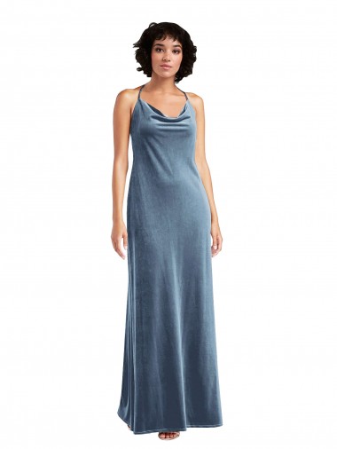 Cowl Neck Long Stretch Velvet Dusty Blue Sleeveless Bridesmaid Dress / Evening Dress Darwin