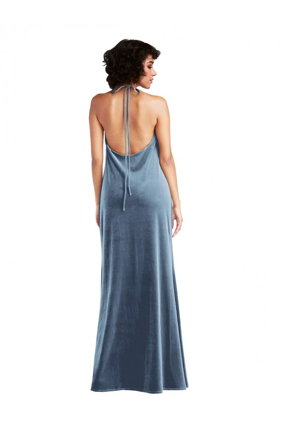 Cowl Neck Long Stretch Velvet Dusty Blue Sleeveless Bridesmaid Dress / Evening Dress Darwin