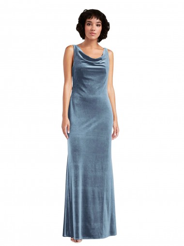 Cowl Neck Long Stretch Velvet Dusty Blue Sleeveless Evening Dress / Bridesmaid Dress Darwin