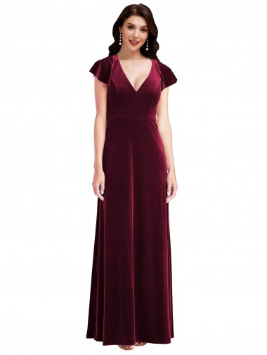 V-Neck Long Stretch Velvet Burgundy Flutter Sleeves Semi Formal Evening Dress / Prom Dress / Bridesmaid Dress Darwin