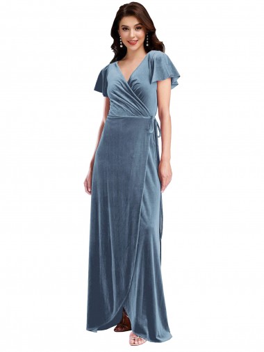 V-Neck Long Stretch Velvet Dusty Blue Flutter Sleeves Black Tie Evening Gown / Prom Dress / Bridesmaid Dress Darwin