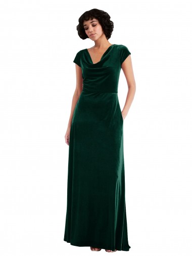 Cowl Neck Long Stretch Velvet Dark Green Cap Sleeves Black Tie Evening Gown / Prom Dress / Bridesmaid Dress Darwin