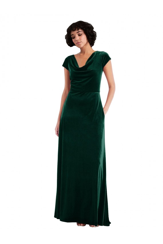 Cowl Neck Long Stretch Velvet Dark Green Cap Sleeves Black Tie Evening Gown / Prom Dress / Bridesmaid Dress Darwin