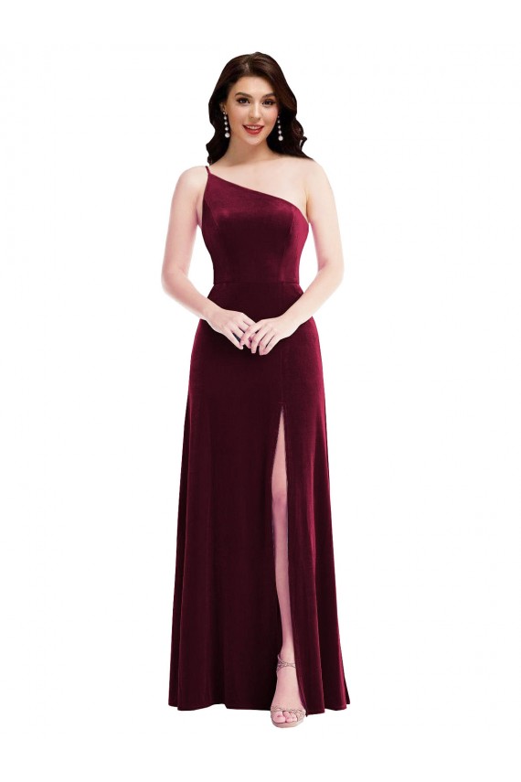 One Shoulder Long Stretch Velvet Burgundy Sleeveless Black Tie Evening Dress / Prom Dress / Bridesmaid Dress Darwin