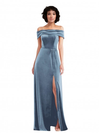 Off the Shoulder Long Stretch Velvet Dusty Blue Sleeveless Semi Formal Evening Dress / Prom Dress / Bridesmaid Dress Darwin