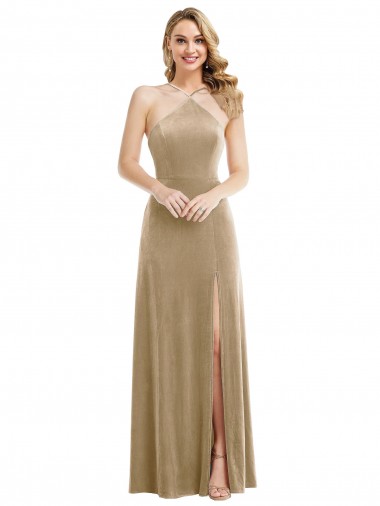 High Neck Long Stretch Velvet Champagne Sleeveless Semi Formal Evening Dress / Prom Dress / Bridesmaid Dress Darwin