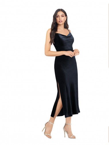 Cowl Neck Midi Length Stretch Velvet Dark Navy Sleeveless Formal Evening Gown / Prom Dress / Bridesmaid Dress Darwin