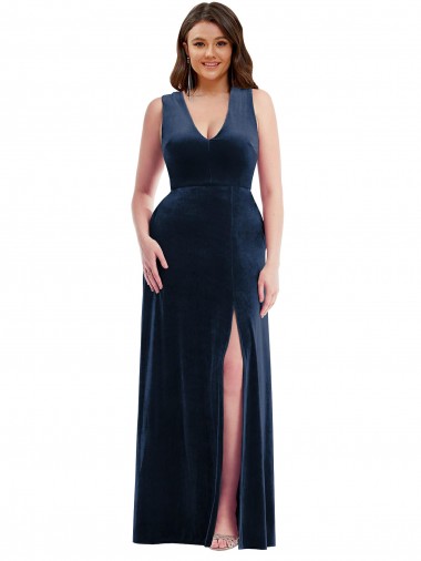 V-Neck Long Stretch Velvet Dark Navy Sleeveless Formal Plus Size Evening Gown / Prom Dress / Bridesmaid Dress Darwin