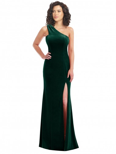 One Shoulder Long Stretch Velvet Dark Green Sleeveless Black Tie Prom Dress / Bridesmaid Dress Darwin