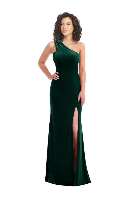 One Shoulder Long Stretch Velvet Dark Green Sleeveless Black Tie Prom Dress / Bridesmaid Dress Darwin