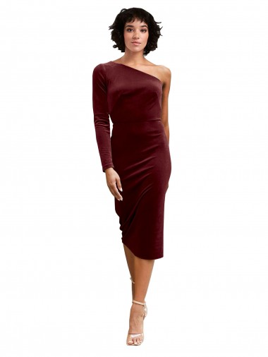 One Shoulder Midi Length Stretch Velvet Burgundy Long Sleeves Black Tie Prom Dress / Bridesmaid Dress Darwin