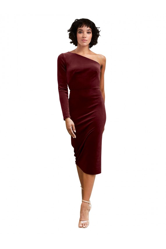 One Shoulder Midi Length Stretch Velvet Burgundy Long Sleeves Black Tie Prom Dress / Bridesmaid Dress Darwin