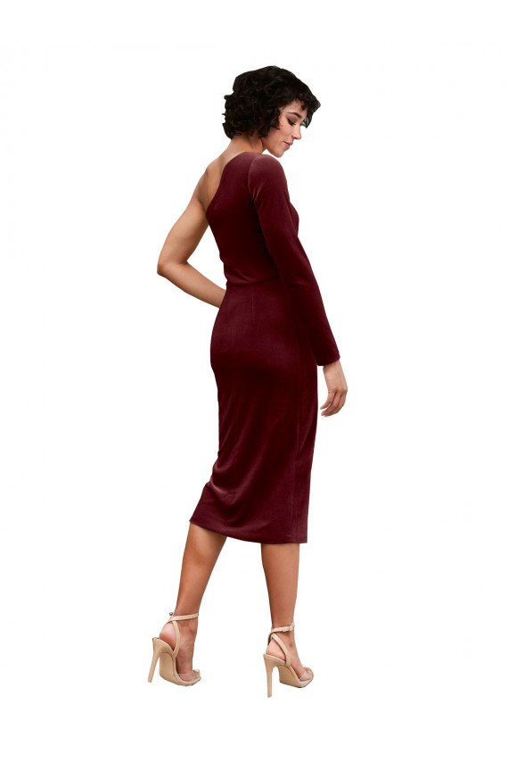 One Shoulder Midi Length Stretch Velvet Burgundy Long Sleeves Black Tie Prom Dress / Bridesmaid Dress Darwin