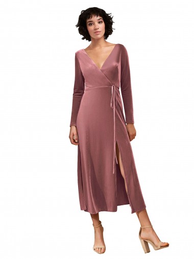 V-Neck Midi Length Stretch Velvet Cinnamon Rose Long Sleeves Black Tie Prom Dress / Bridesmaid Dress Darwin